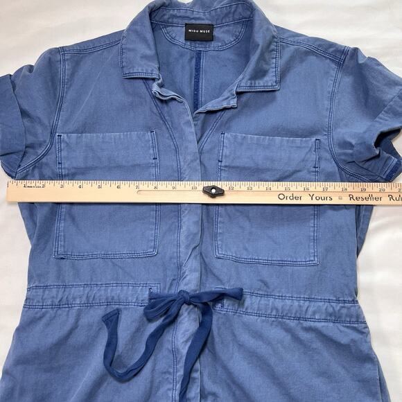 MIOU MUSE Easygoing Romper Size Small Blue 100% Cotton Tie Waist Shorts Casual - Picture 7 of 13